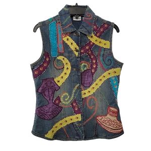 Chico's Women's Denim Vest Sz 0 (Small) Colorful Beaded Embroidered Art to Wear